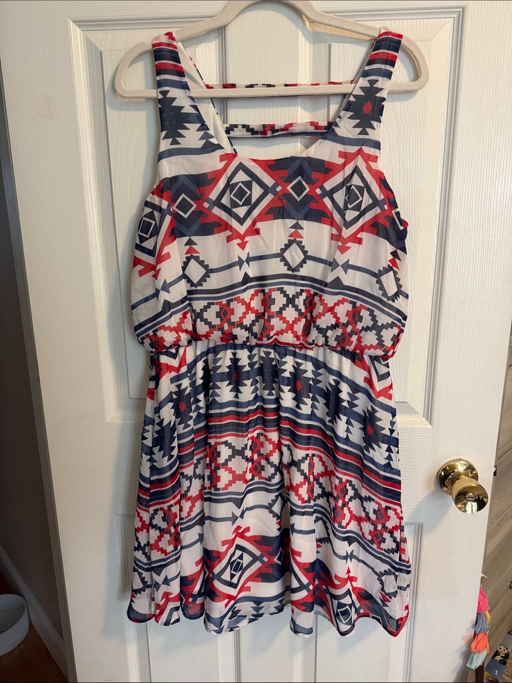 Xhilaration White Dress with Red & Navy Tribal Print